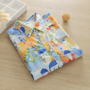 学生大码 打底衫 潮 女长袖 显白减龄文艺小清新油画城堡宽松纯棉衬衫