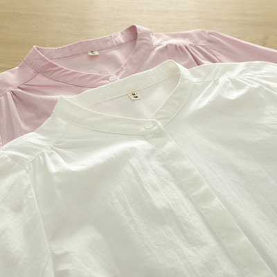 2025春文艺小清新通勤立领纯棉压皱正肩白衬衫女长袖打底衫学生潮