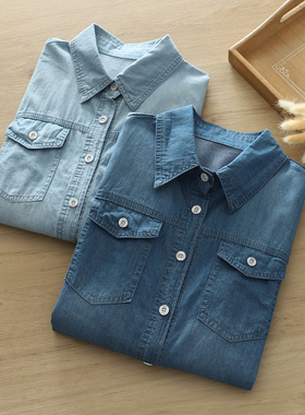 文艺小清新双口袋学院风修身牛仔衬衫女长袖磨白做旧打底衫大码潮
