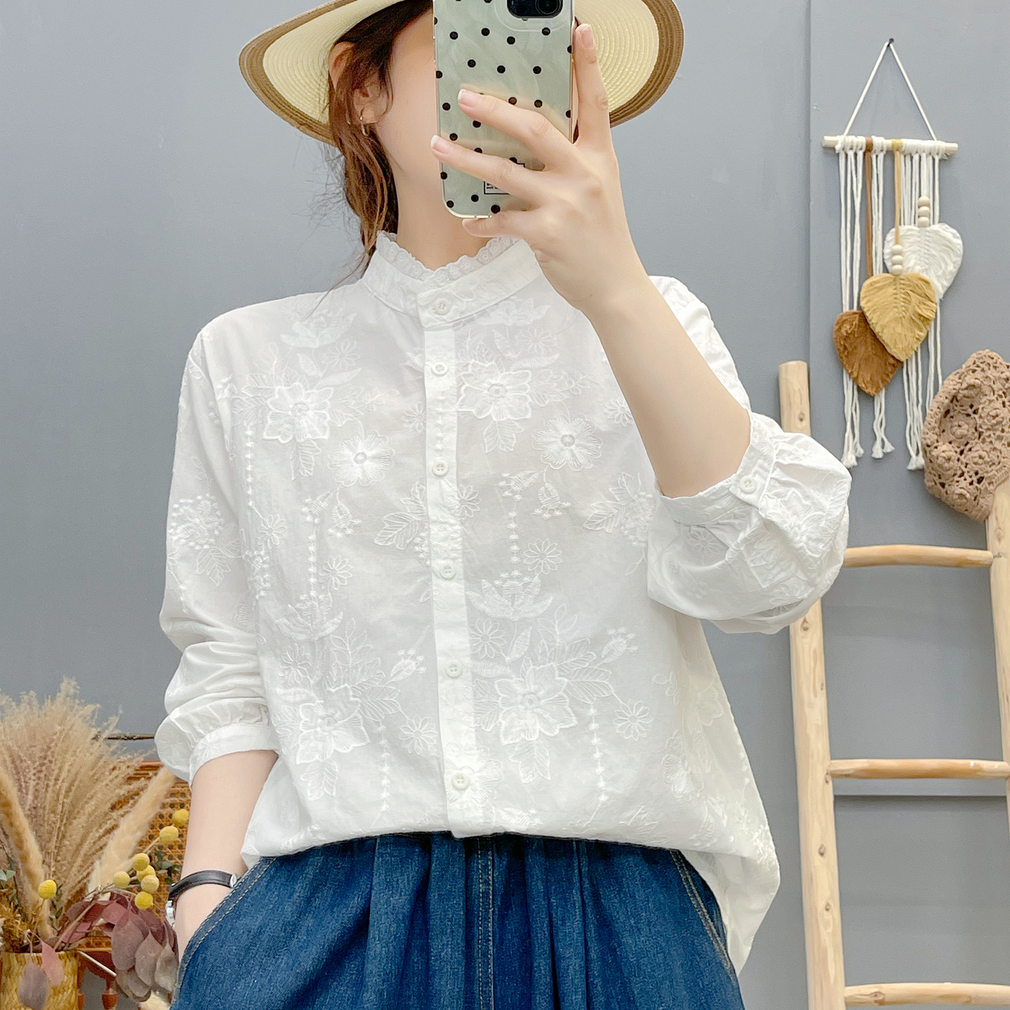 2025秋季文艺小清新刺绣花朵立领花边纯棉白衬衫女长袖打底衫学生