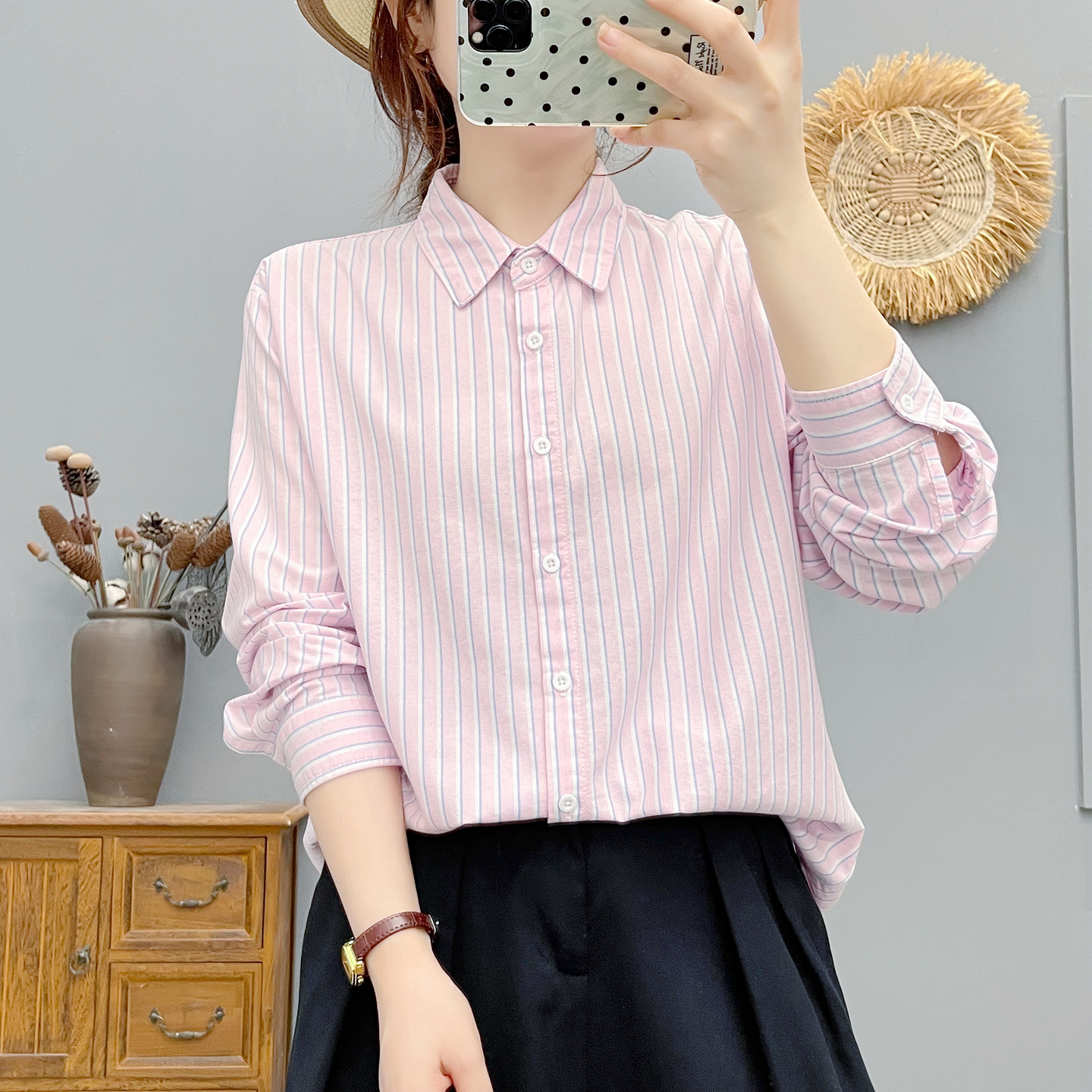 2025秋季文艺小清新减龄竖条纹通勤纯棉宽松衬衫女长袖打底衫叠穿