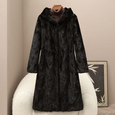 憨厚皇后2025冬季新款水貂皮草外套女式气质长款连帽拼貂裘皮大衣