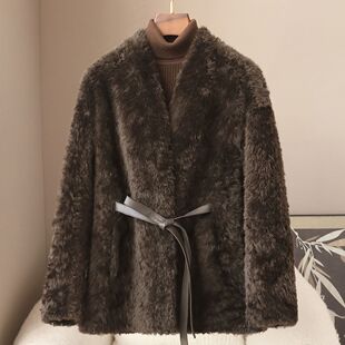 憨厚皇后2026春季新款法式轻奢毛毛外套系带慵懒风拉贡羊皮毛一体
