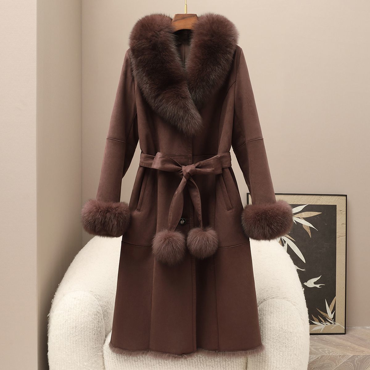 憨厚皇后海宁新款内里兔皮毛一体外套女大狐狸毛领真皮草长款大衣