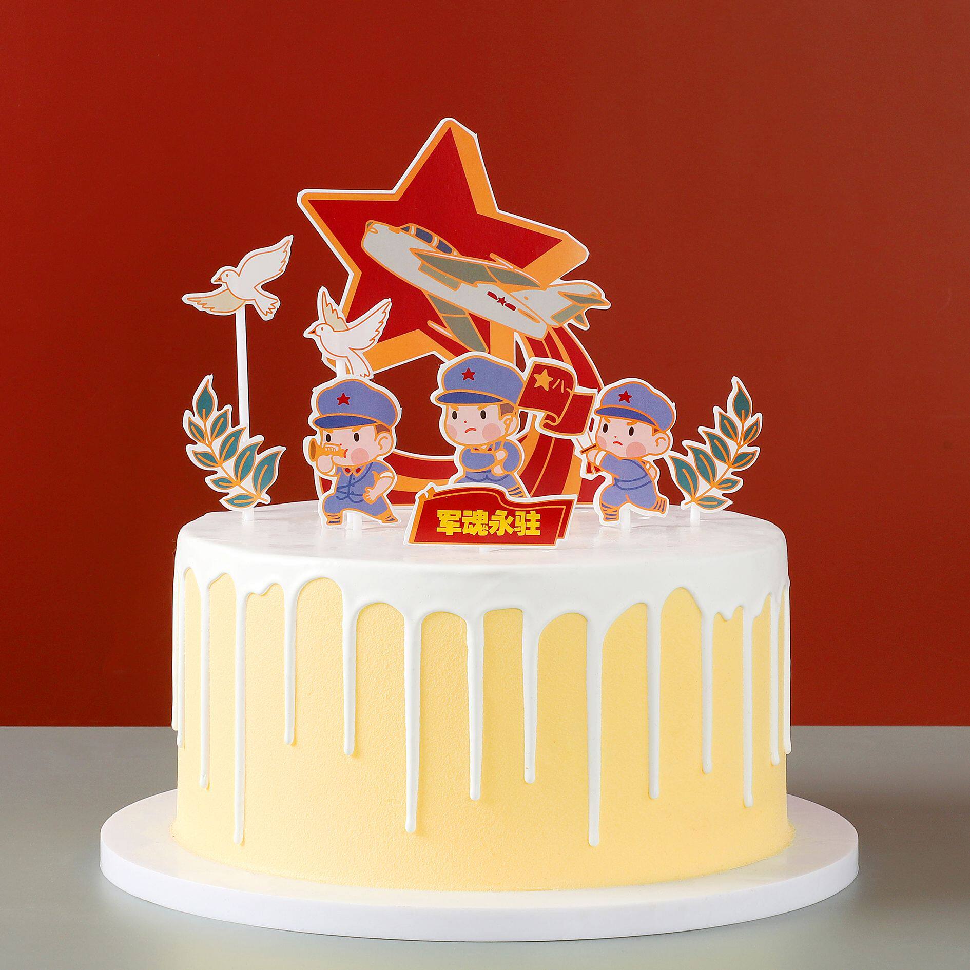 建军节蛋糕装饰插牌五星红旗国庆节插牌空军陆军国旗天安门插件