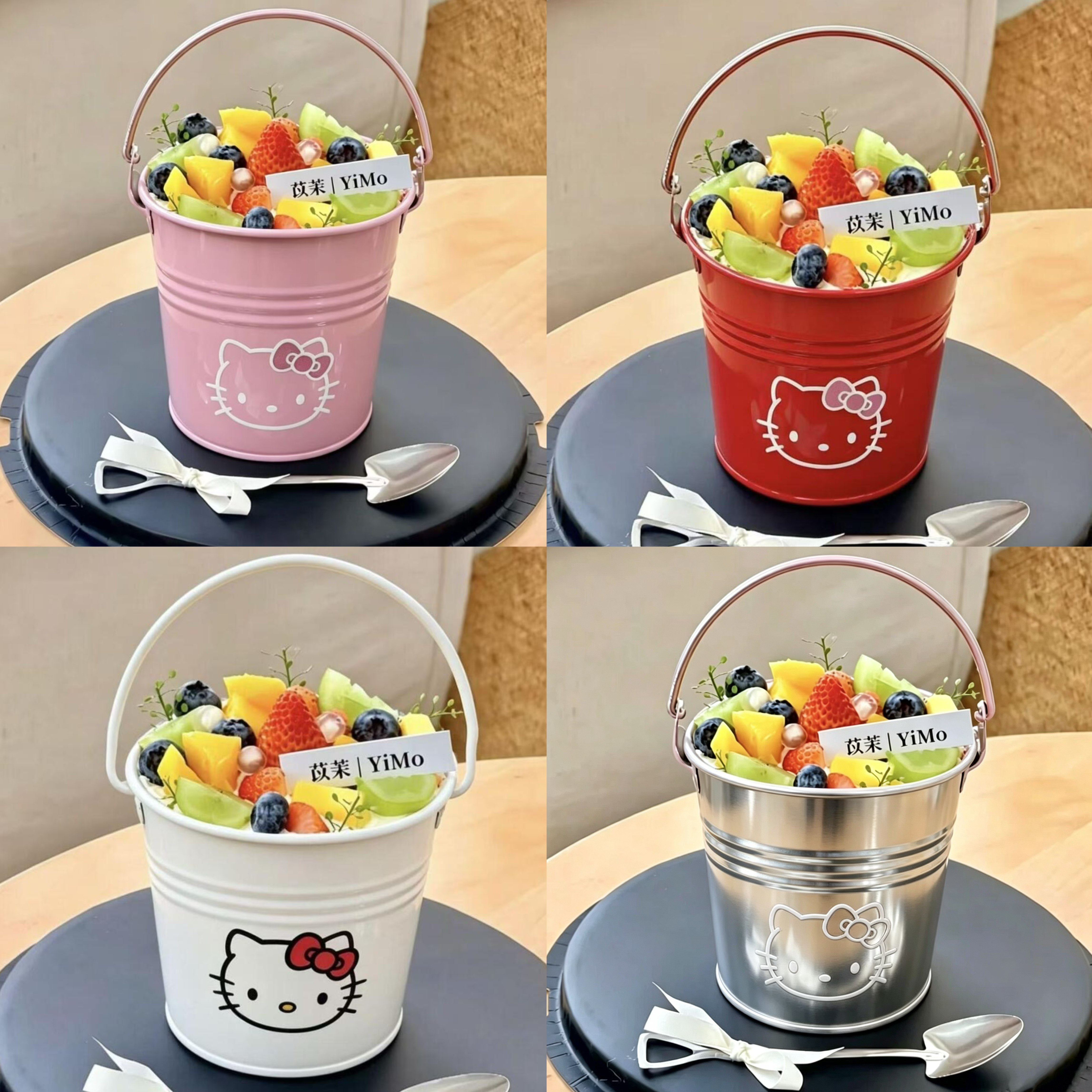 网红草莓水果猫咪手提桶蛋糕桶彩色不锈钢水桶草莓桶烘焙甜品桶