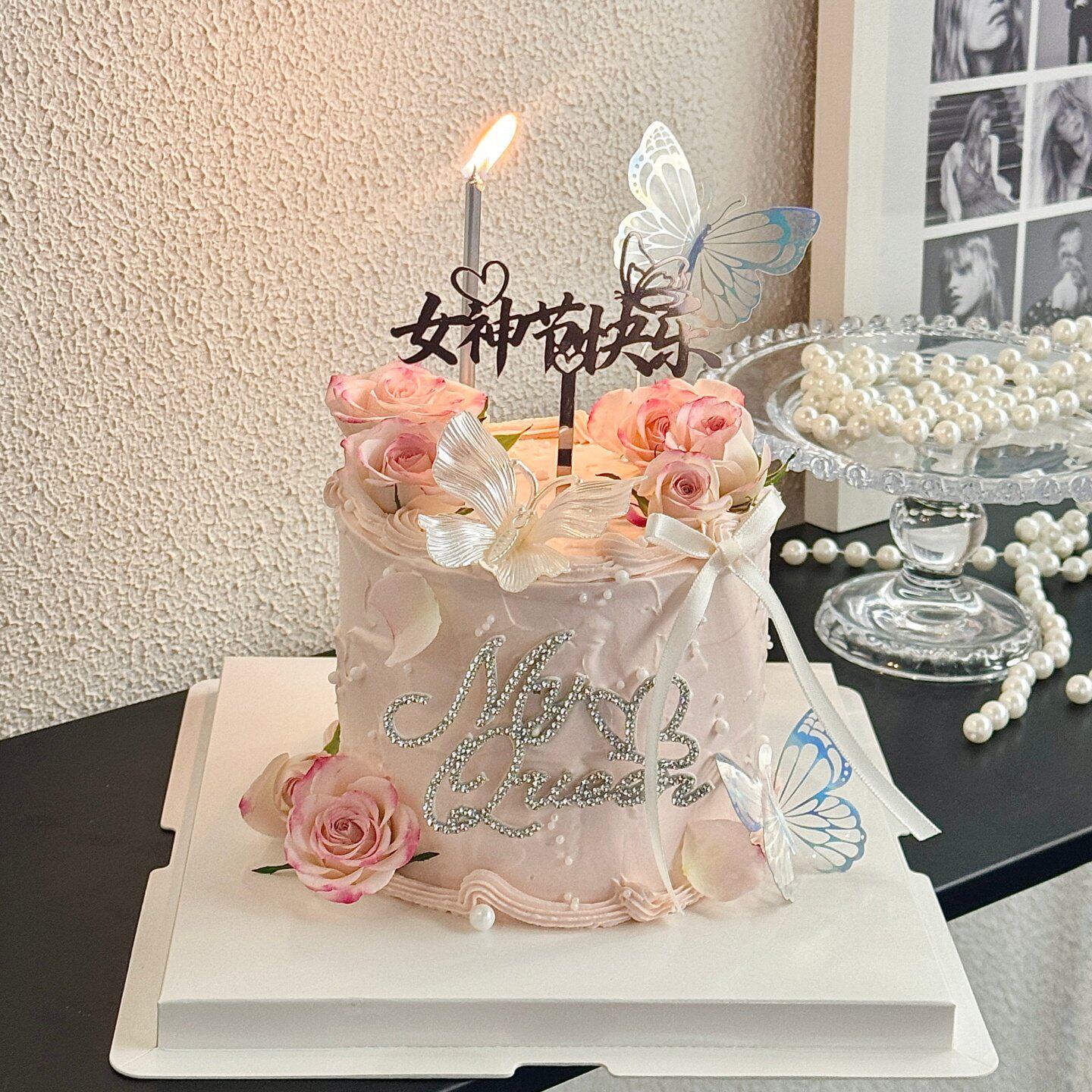 三八女神节快乐亚克力蛋糕装饰插牌38女王节钻石myqueen蝴蝶配件