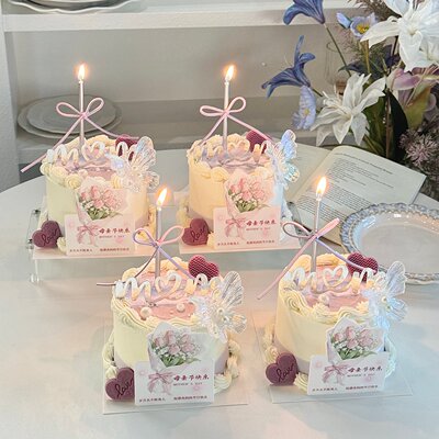 网红母亲节蛋糕装饰郁金香花束妈妈MOM珍珠蝴蝶节日烘焙装扮摆件