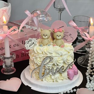 2.14网红情人节蓝粉小熊蛋糕装饰摆件透明小雨伞情侣纪念日装饰