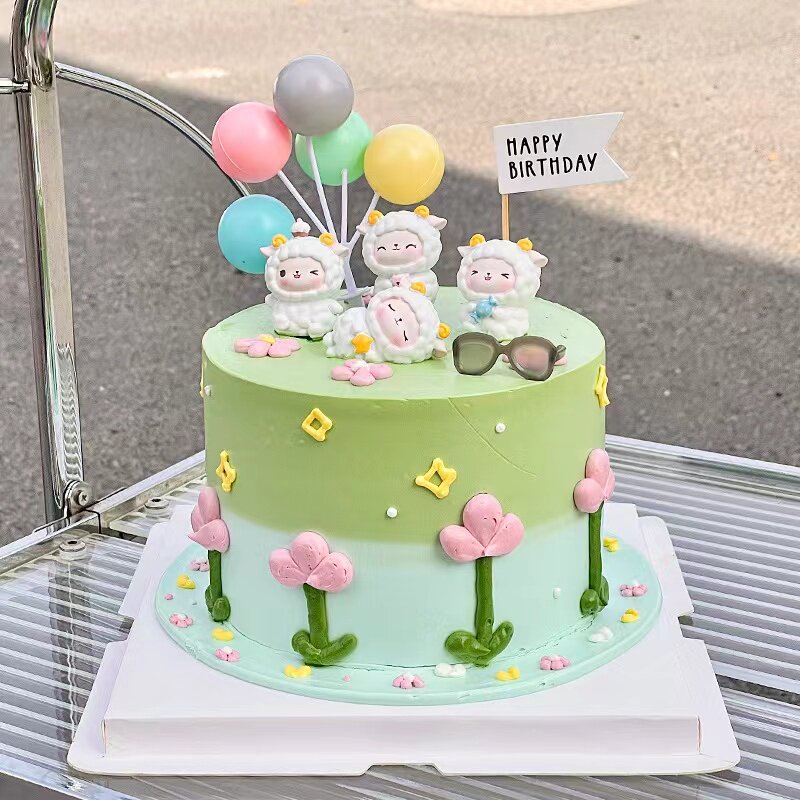 网红小山羊蛋糕装饰摆件笑脸太阳花羊咩咩儿童生日甜品台装扮摆件