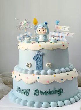 蓝色蛇宝宝蛋糕装饰摆件周岁满月男女孩生日烘焙插件装扮甜品插牌