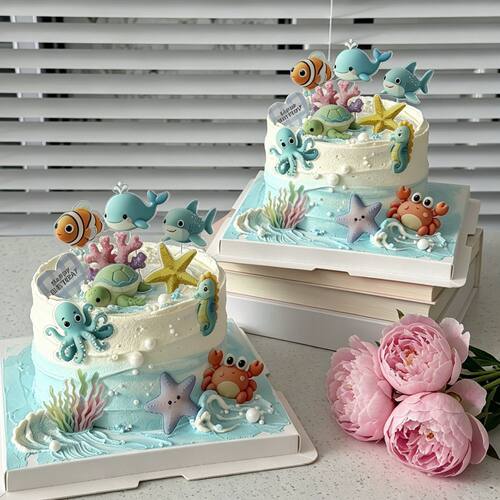 红海洋海洋美人鱼公主蛋糕装饰插件系列螃蟹生日蛋糕甜品摆件配件
