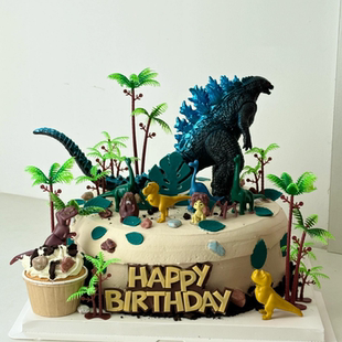网红蓝背哥斯拉蛋糕装饰摆件卡通恐龙椰子树儿童男孩生日派对插件