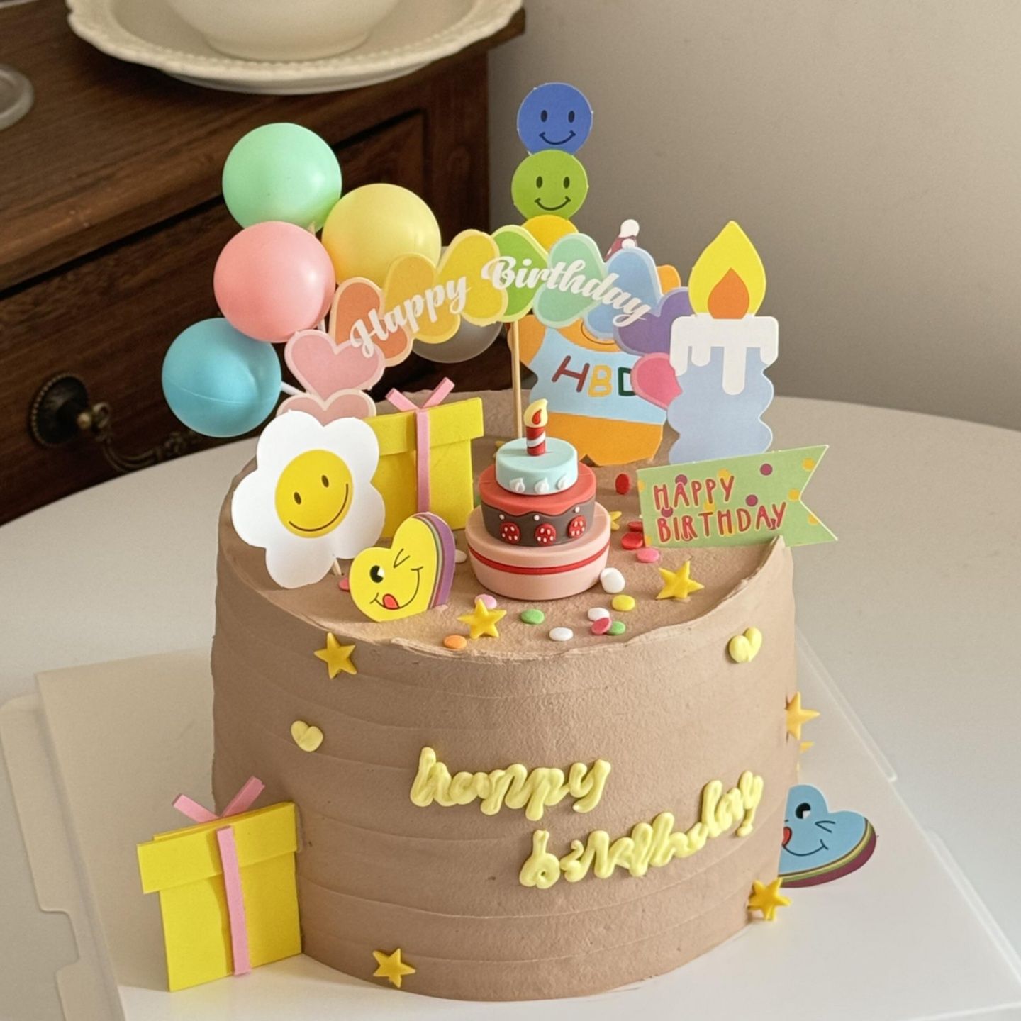 ins风插牌蛋糕装饰小花HBD软胶小蛋糕彩色蜡烛生日烘焙甜品插件
