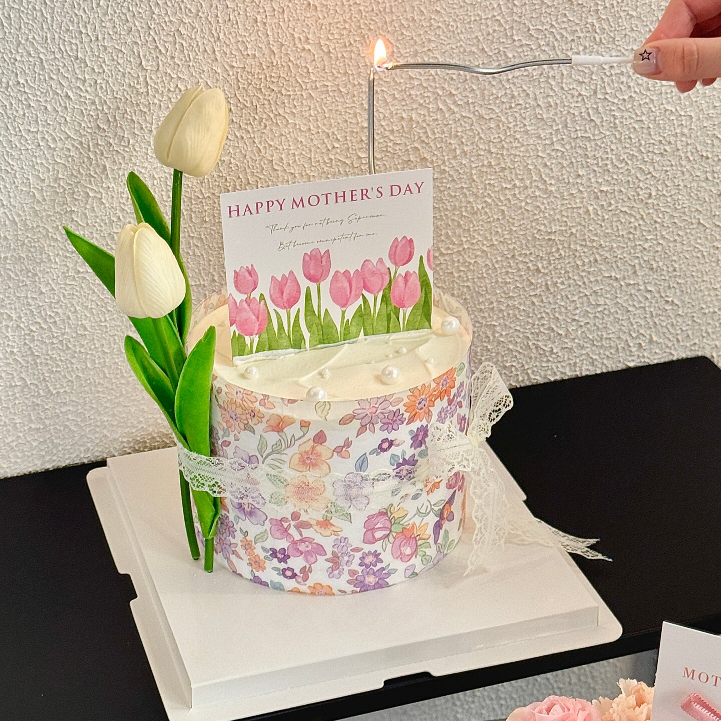 母亲节蛋糕装饰复古印花蛋糕围边郁金香花朵妈妈款节日生日装扮