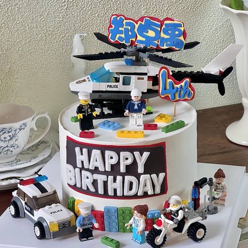 乐高积木人偶蛋糕装饰积木直升飞机警车小男孩男神生日甜品装扮