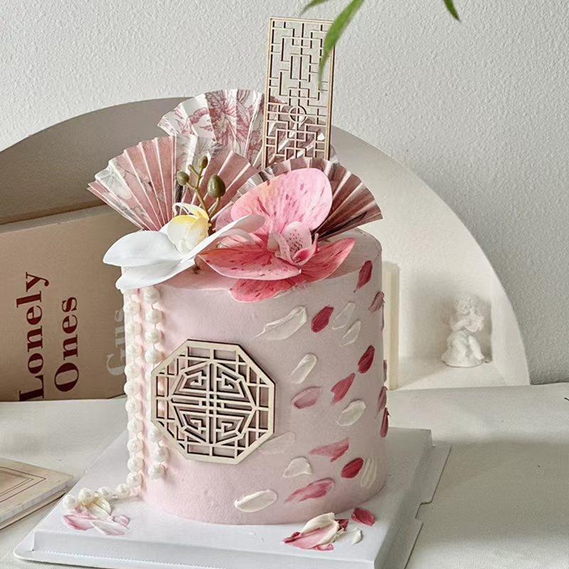 新中式油画蝴蝶兰蛋糕装饰粉色系折扇珍珠链妈妈生日烘焙甜品插件