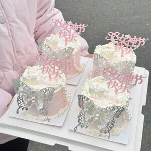 38女神节快乐双层亚克力蛋糕装饰插件三八女王节幻彩蝴蝶烘焙摆件