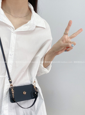 奢华金属山茶花黑色斜挎绳适用华为mate60手机壳Pura70背带50全包防摔套nova12Pro高级感11/10/9/8se软畅享70