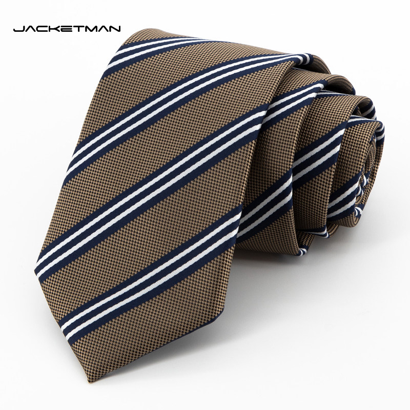 Jacketman领带男士商务正装咖色个性时尚蓝白色细条纹7cm礼盒装
