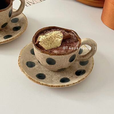 粗陶手作杯碟波点咖啡杯礼物