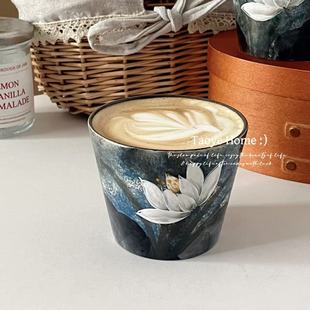 景德镇手作复古荷花猪口杯釉下彩咖啡拉花杯手握杯茶杯下午茶礼物
