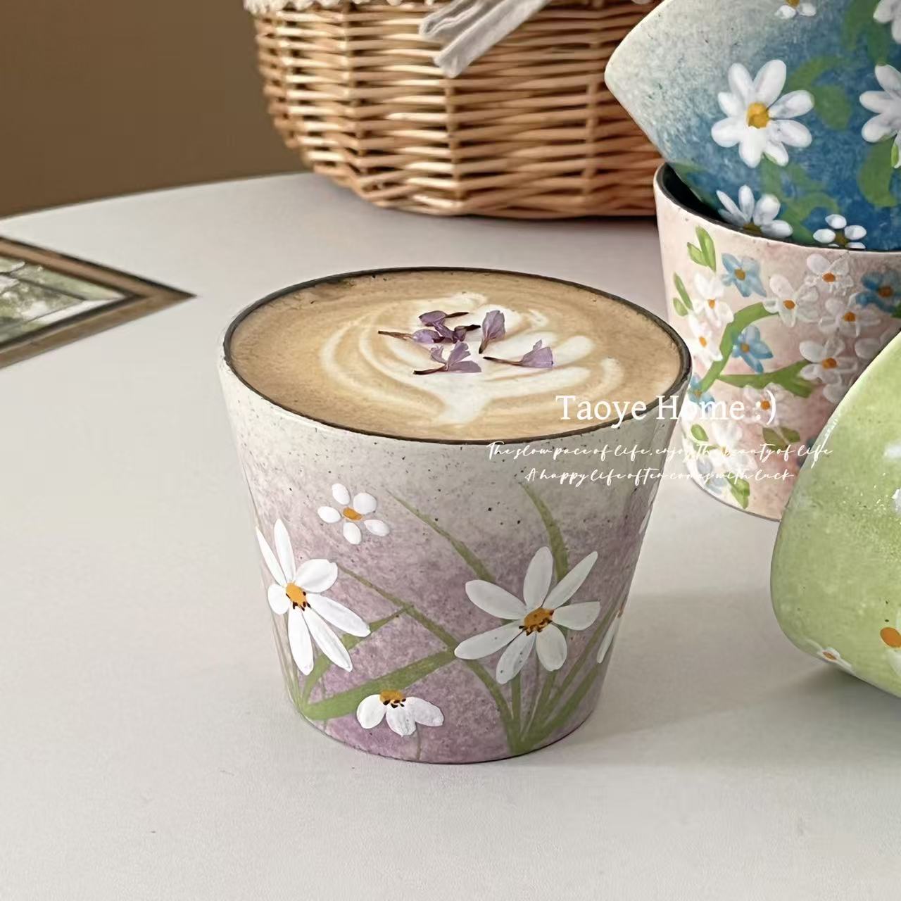景德镇复古粗陶油画陶瓷马克杯高颜值小众杯子手绘咖啡杯拿铁杯