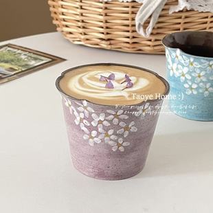 景德镇手绘油画浮雕花朵咖啡杯釉下彩手握拉花杯花口杯猪口杯礼物