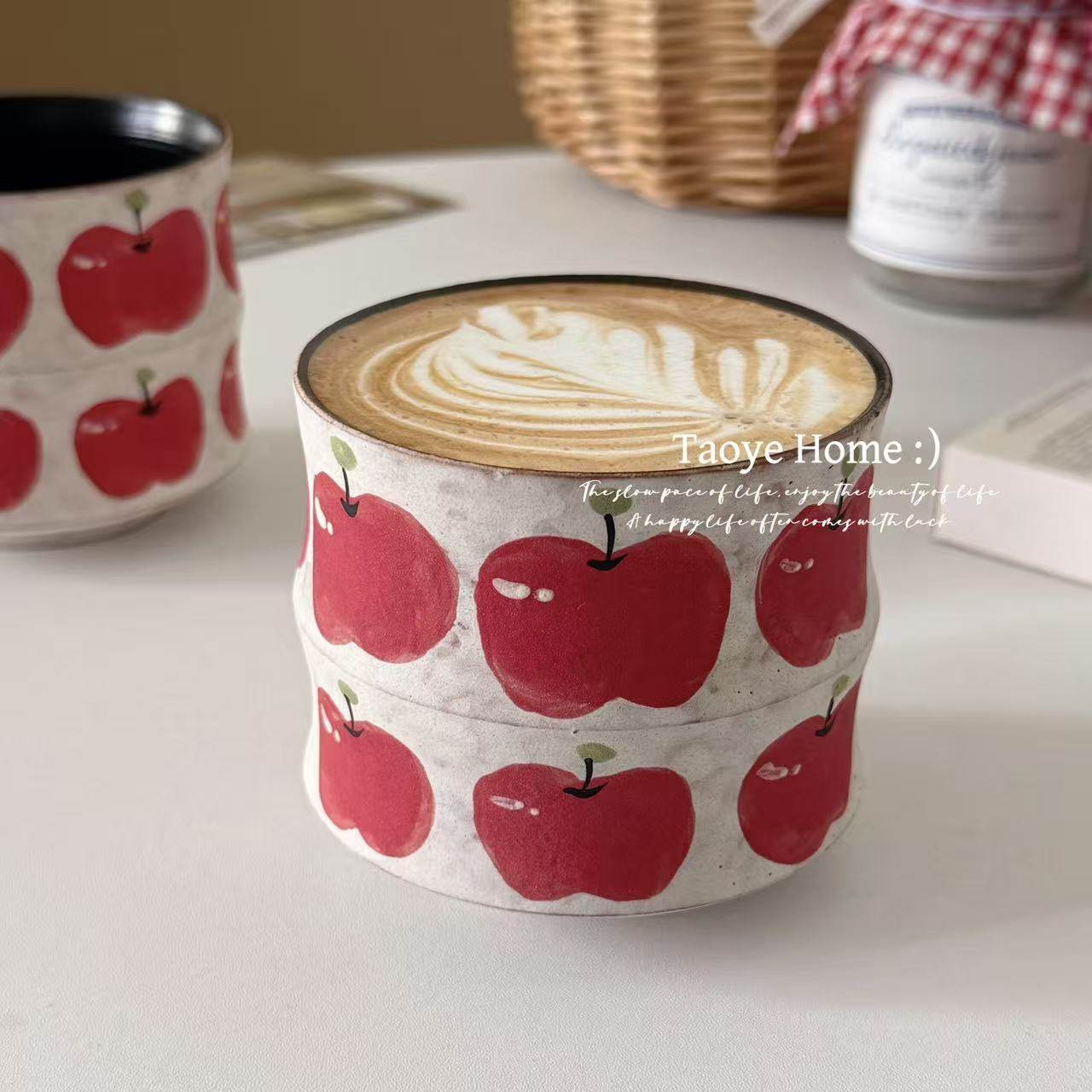 景德镇复古粗陶手作苹果咖啡杯高颜值杯子猪口竹节杯拿铁拉花杯