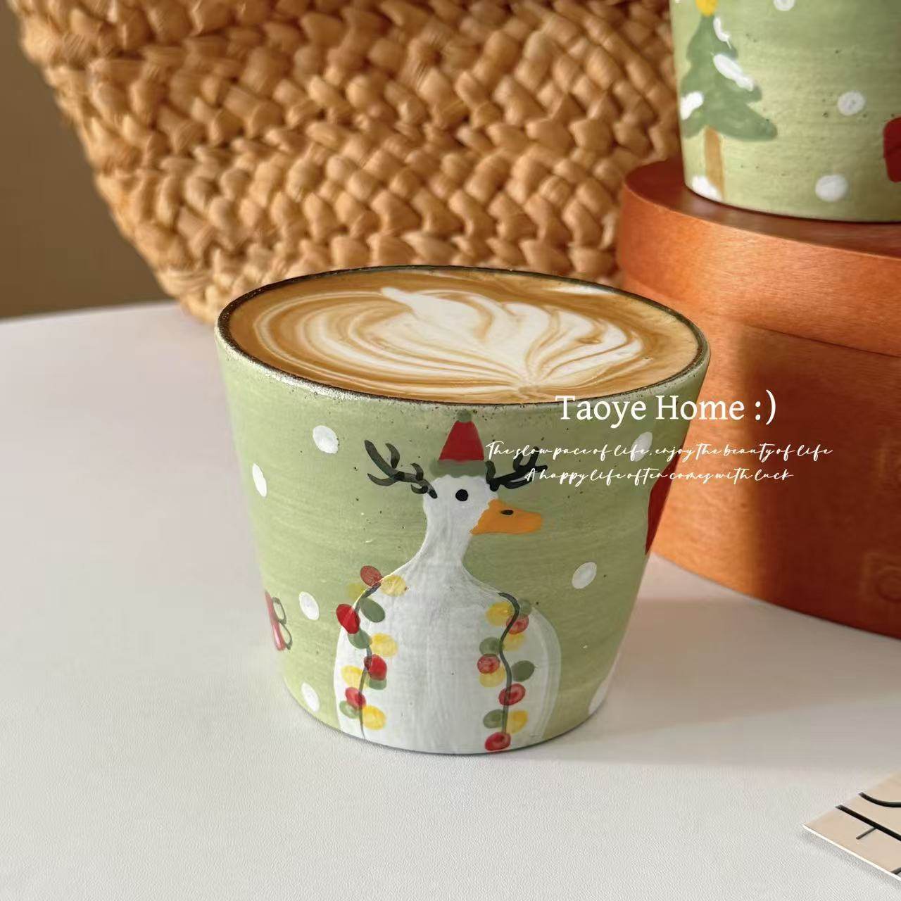 景德镇复古粗陶手绘礼物鸭紫砂猪口杯高颜值小众杯子拿铁杯马克杯