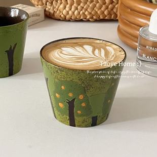 景德镇复古粗陶手绘森林紫砂猪口杯高颜值小众杯子马克杯拿铁杯