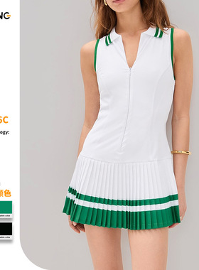 跨境拉链无袖领连体网球裙女速干透气撞色百褶休闲健身连衣裙