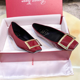 2025新款平底单鞋女rv方扣女鞋方头漆皮职场通勤百搭牛皮浅口鞋女