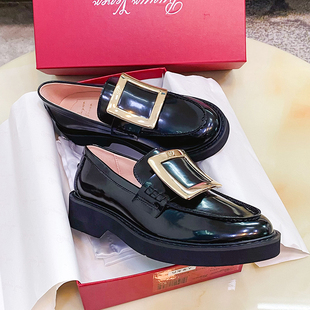 捡漏2025春季新款rv厚底乐福鞋金属方扣牛皮百搭复古英伦黑色女鞋