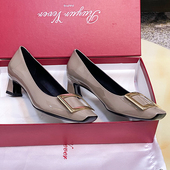 OL职场通勤中跟大象灰浅口鞋 捡漏25早春新款 rv粗跟漆皮方扣女单鞋