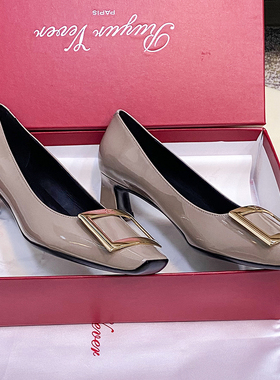 捡漏25早春新款rv粗跟漆皮方扣女单鞋OL职场通勤中跟大象灰浅口鞋