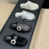 2025新款 rv勃肯拖鞋 百搭钻扣半拖时尚 牛货 真皮包头拖休闲女鞋