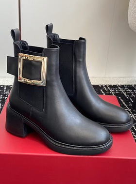 牛货~2026新款rv哑光切尔西靴女侧金属方扣粗跟马丁靴时尚靴子女