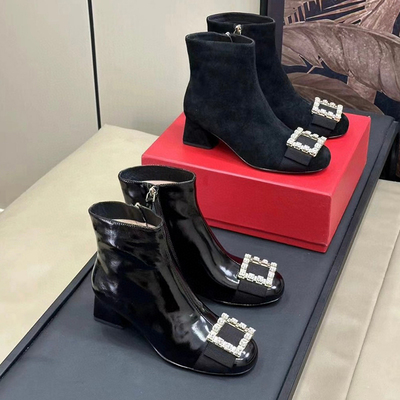 牛货~2025新款rv漆皮厚底短靴女方扣绒面及裸靴钻扣真皮马丁靴女