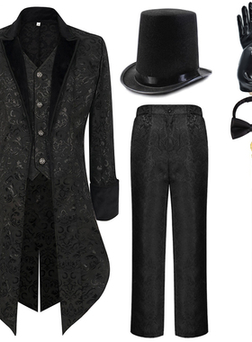复古暗纹长款燕尾服西装套装男哥特风中长款假两件提花大衣舞台服
