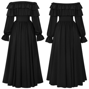 万圣节女装 哥特黑色文艺复兴时期优雅感一字肩复古斗篷蕾丝连衣裙