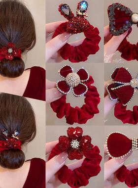 新年酒红色丝绒大肠发圈女高弹力蝴蝶结丸子头橡皮筋扎头发绳头饰