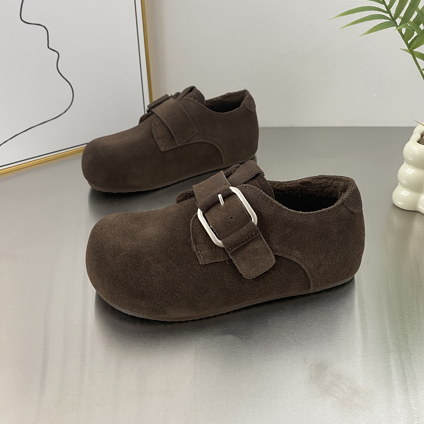 磨砂真皮加绒全包勃肯鞋平底棉鞋