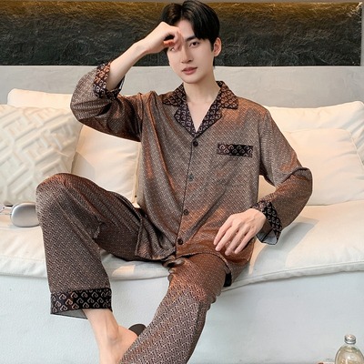冰丝睡衣男夏季长袖薄款大码宽松