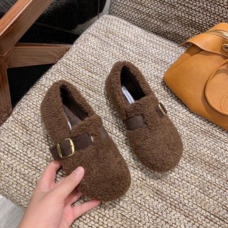 毛毛鞋女外穿加绒羊羔毛豆豆鞋2025年冬季新款棉瓢鞋女平底懒人鞋