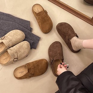 复古风厚底皮面勃肯鞋包头半拖鞋女外穿软底一脚蹬丑萌大头博肯鞋