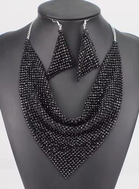 新品夸张围脖水钻围巾领子耳环套装链环项链Choker印度珠宝套装