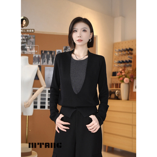 MTANG蜜糖女士新款 舒适透气休闲绵羊毛打底假两件毛织上衣毛衣440