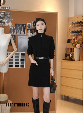 MTANG蜜糖女士带腰带配大衣内搭显瘦安迪绒毛衣裙毛衣连衣裙454