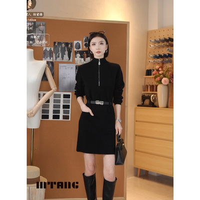 MTANG蜜糖女士带腰带配大衣内搭显瘦安迪绒毛衣裙毛衣连衣裙454